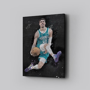 Impressão em tela emoldurada LaMelo Ball Charlotte Hornets pôster arte de basquete NBA impressão de arte de parede decoração para casa L82 presente de aniversário