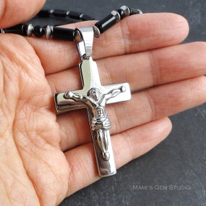 Unisex Cross Necklace Stainless Steel Crucifix Cross Pendant & Black Onyx Beaded Necklace for Men, Women image 3