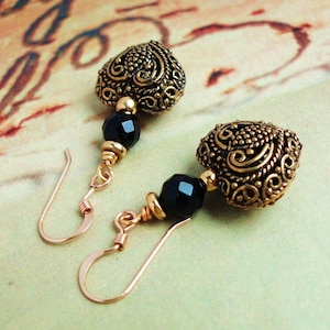 Heart Earrings in Antiqued Brass, Black Onyx, 14K Gold Filled Earwires, Gift Under 25 USD for Her, Wife, Girlfriend