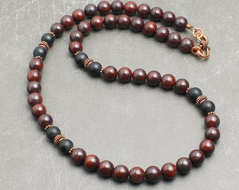 8mm Brecciated Jasper, Matte Black Onyx, and Solid Copper Accents, Beaded Necklace for Men, Dark Red and Black Gemstone