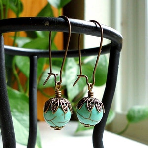 Teal Green Magnesite Earrings in Antiqued Brass, Semi Precious Gemstone Earrings, Handcrafted Jewelry image 2