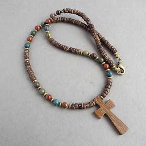 Unisex Wood Cross Necklace, Multi-color Bloodstone, Coconut Palm beads, Antique Brass Metal, Cross Jewelry for Men Women