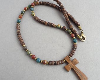 Unisex Wood Cross Necklace, Multi-color Bloodstone, Coconut Palm beads, Antique Brass Metal, Cross Jewelry for Men Women