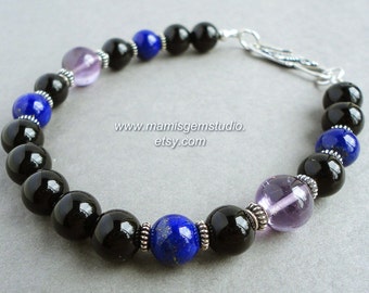 AA Blue Lapis Lazuli, Amethyst, Black Onyx, Bali Sterling Silver, Mens Bracelet, Handmade Mens Jewelry