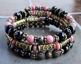 Black Onyx Rhodonite Bracelet, Memory Wire Beaded Bangle, Antiqued Brass, Boho Bohemian, Pink, Mauve, Bronze