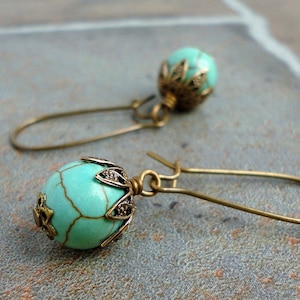 Teal Green Magnesite Earrings in Antiqued Brass, Semi Precious Gemstone Earrings, Handcrafted Jewelry image 1