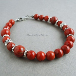 Red Jasper Stone Mens Bracelet, Beaded Red Jewelry for Men and Unisex, Handmade