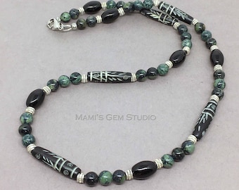 Tribal Style Mens Beaded Necklace | Carved Bone, Black Onyx, Green Kambaba Jasper | Necklace for Men, Guys, Dads, Him