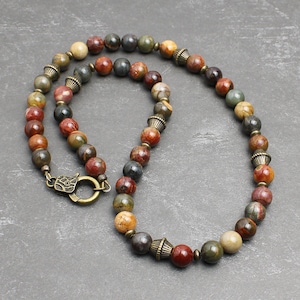 Collar de cuentas de jaspe rojo de 8 mm para hombre y mujer, unisex, joyería de piedra natural multicolor terrosa, hecho a mano en EE. UU.