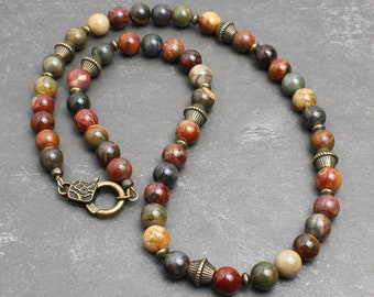 Red Creek Jasper 8mm Bead Necklace for Men, Women, Unisex, Earthy Multicolor Natural Stone Jewelry, Handcrafted in USA