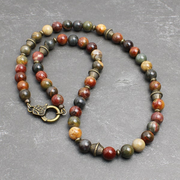 Red Creek Jasper 8mm Bead Necklace for Men, Women, Unisex, Earthy Multicolor Natural Stone Jewelry, Handcrafted in USA