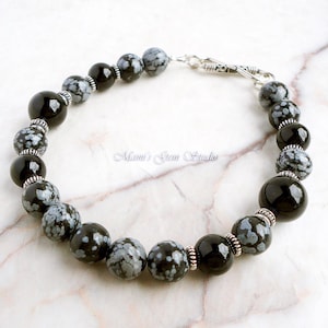 Snowflake Obsidian Black Onyx Mens Beaded Bracelet with Bali Artisan Sterling Silver, Mens Jewelry