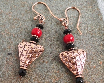 Black Onyx and Red Coral Earrings in Genuine Copper, Unique Gemstone Dangle Earrings, Handmade in USA