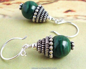Genuine Malachite Earrings with Antiqued Bali Sterling Silver, Chunky Green Gemstone Earrings, Round Hook Earwires, Handcrafted Jewelry