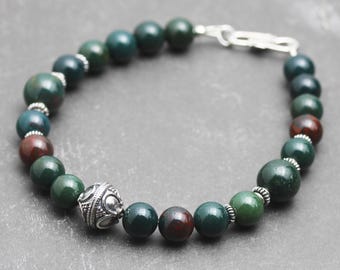 Mens Bloodstone Bracelet with Bali Sterling Silver, Green Gemstone Beaded Jewelry for Men, Guys, Dad, Him, Handmade