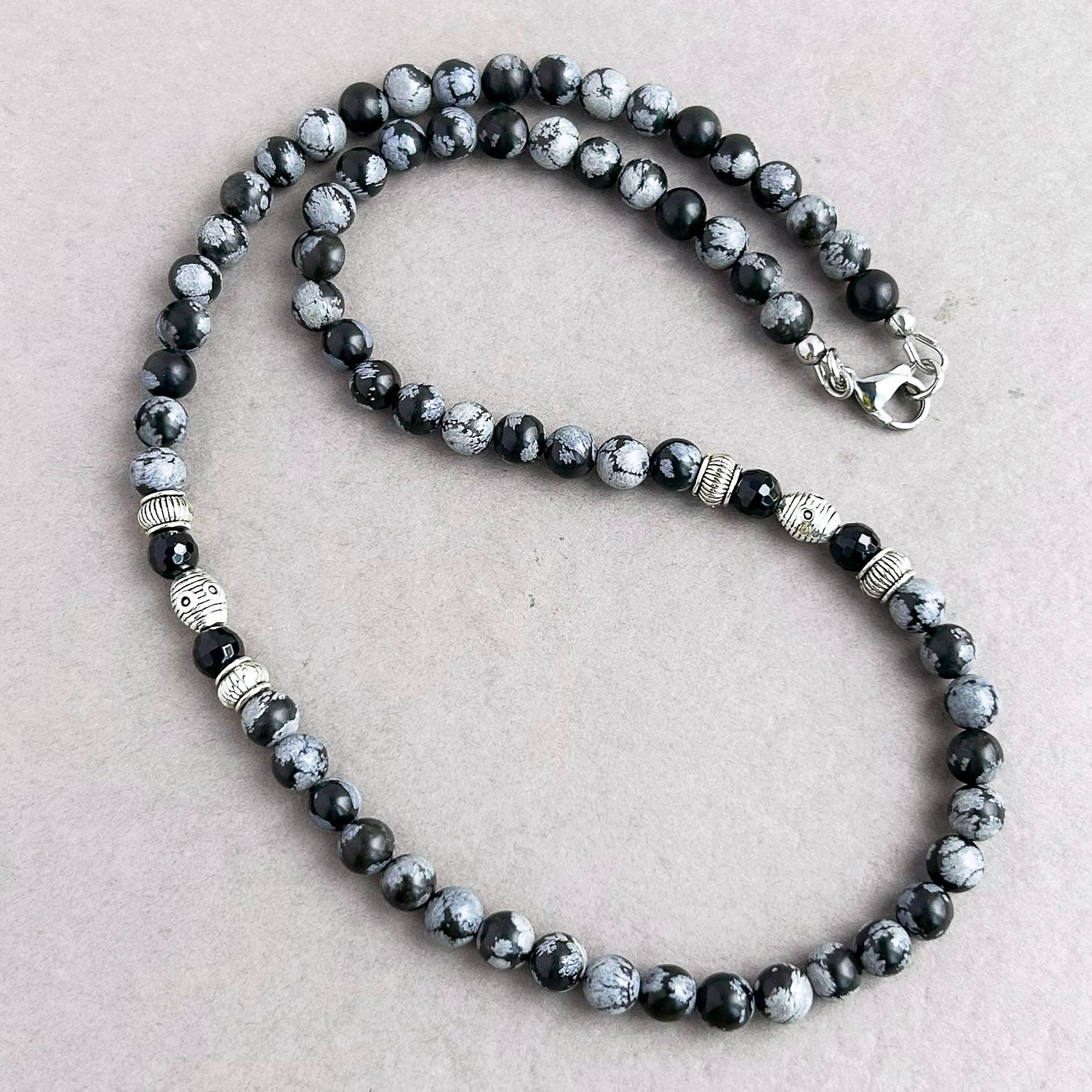 Mens Beaded Necklace, Snowflake Obsidian, Black Onyx, Gemstone Handmade Jewelry for Men, Guys, Dads