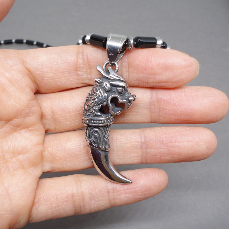 Handmade Jewelry Stainless Steel Dragon Head Tusk Pendant on Black Onyx Gemstone Necklace 22in for Men