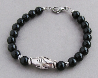 Black Onyx 8mm Gemstone Mens Bracelet, Bali Artisan Sterling Silver Accents, Handmade Beaded Jewelry for Men