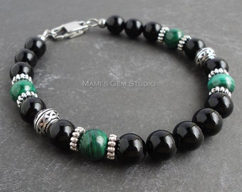 Genuine Green Malachite & Black Onyx Gemstone Men's Bracelet, Handcrafted High Quality Jewelry for Men, Dad, Husband, Him