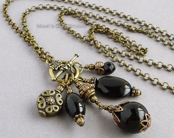 Black Onyx Gemstone Cluster Drop Pendant Necklace with Antiqued Brass 28 inch Long Chain, Handmade