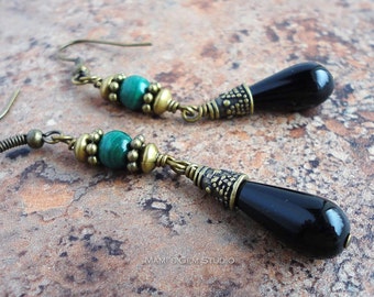 Green Malachite and Black Onyx Earrings in Antique Brass Tone, High Quality Gemstone Handmade Jewelry Drop Earrings