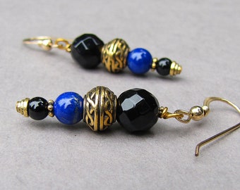 Black Onyx and Blue Lapis Lazuli Gemstone Earrings 14K Gold Filled Earwires, Celtic Accent, Handmade