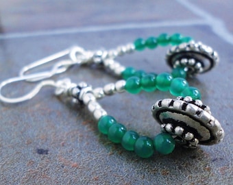 Green Onyx Gemstone Earrings, Sterling Silver Earwires, Antiqued Metal Beads, Dangle Drop Hoops