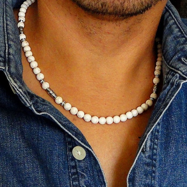 White Magnesite Stone Necklace for Men, Mens Beaded Necklace, Jewelry for Men, Handmade