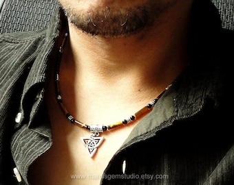 Tiger Eye Black Onyx Necklace for Men, Celtic Knot Triquetra Charm, Men's Beaded Necklace, Jewelry for Guys, Dad, Him