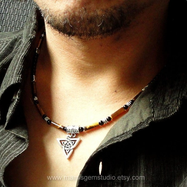 Tiger Eye Black Onyx Necklace for Men, Celtic Knot Triquetra Charm, Men's Beaded Necklace, Jewelry for Guys, Dad, Him