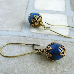 Blue Lapis Lazuli Earrings in Antiqued Brass, Kidney Earwires, Handcrafted Gemstone Jewelry image 1