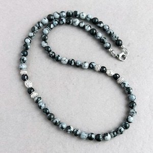 Mens Beaded Necklace, Snowflake Obsidian, Black Onyx, Gemstone Handmade Jewelry for Men, Guys, Dads