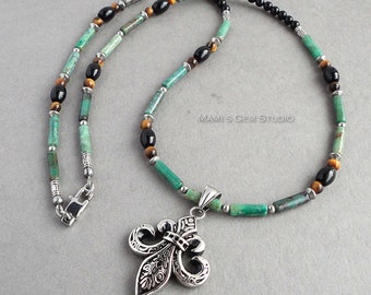 Mens Green Gemstone Necklace 24in, Fleur De Lis Stainless Steel Pendant, Verdite, Black Onyx, Tiger Eye, Handmade