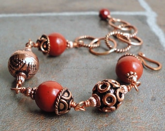 Red Jasper Gemstone and Genuine Copper Bracelet, Handcrafted in USA, Size Adjustable