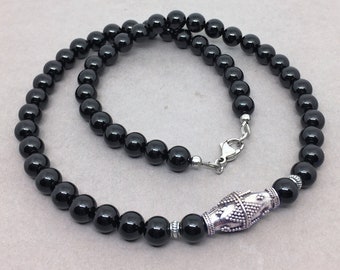 Black Onyx 8mm Gemstone Mens Necklace, Bali Artisan Sterling Silver Accents, Handcrafted Jewelry for Men