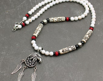 Native American Inspired Mens Tribal Style Necklace, White Magnesite, Carved Bone, Black Onyx, Red Coral, Eagle Dreamcatcher Feather Pendant