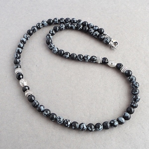 Mens Beaded Necklace, Snowflake Obsidian, Black Onyx, Gemstone Handmade Jewelry for Men, Guys, Dads image 1