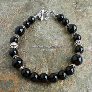 Mens Black Onyx Bracelet, Beaded Black Gemstone Jewelry for Men, Guys, Him, Dad, Boyfriend Gift