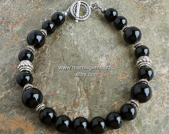 Mens Black Onyx Bracelet, Beaded Black Gemstone Jewelry for Men, Guys, Him, Dad, Boyfriend Gift