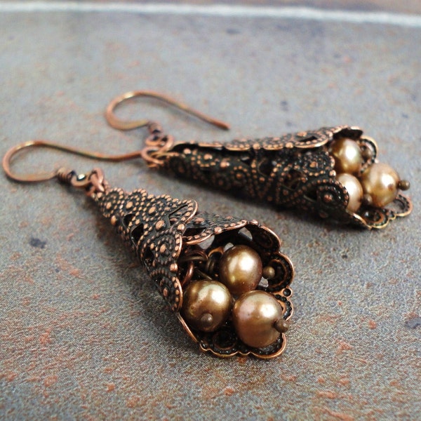 Champagne Pearl Earrings, Antiqued Copper, Handmade Jewelry, Gift for her