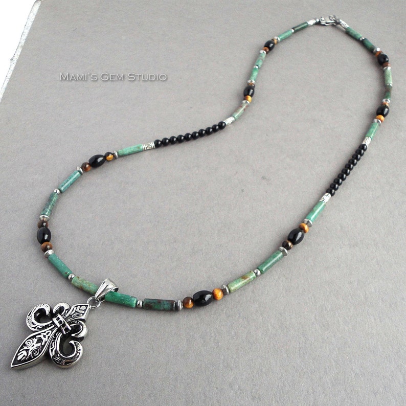 Mens Green Gemstone Necklace 24in, Fleur De Lis Stainless Steel Pendant, Verdite, Black Onyx, Tiger Eye, Handmade image 3