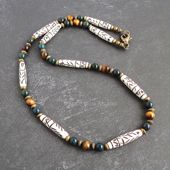 Tribal Inspired Handmade Necklace for Men Beaded with Carved Etsy
