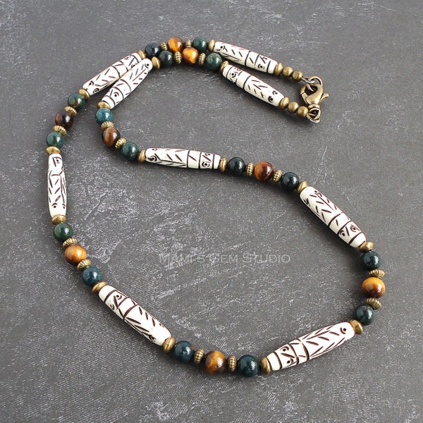 Tribal Inspired Handmade Necklace for Men | Beaded with Carved Bone, Bloodstone, Tiger Eye, Brass | Green, Brown Stone