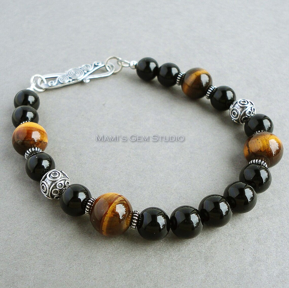 Black Onyx Brown Tiger Eye Mens Bracelet Bali Sterling - Etsy