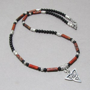 Mens Necklace, Black and Red Gemstone with Celtic Knot Triquetra Charm, Beaded Necklace for Men, Guys, Him, Handcrafted