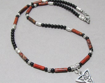 Mens Necklace, Black and Red Gemstone with Celtic Knot Triquetra Charm, Beaded Necklace for Men, Guys, Him, Handcrafted