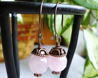 Rose Quartz Earrings in Antiqued Genuine Copper, Pink Gemstone Earrings, Handmade, Earrings for Mom