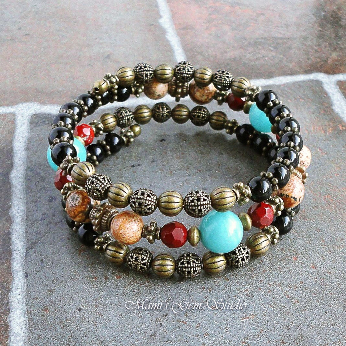 Boho Gypsy Bracelet Memory Wire Bangle Bracelet Black Onyx Etsy