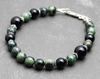 Kambaba Jasper and Black Onyx Gemstone Bracelet for Men in Sterling Silver, Beaded Handcrafted in USA