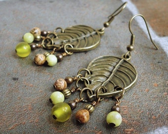 Metal Leaf Chandelier Earrings, Yellow Stone, Jasper, Earthy Gemstone Jewelry, Antiqued Brass Tone